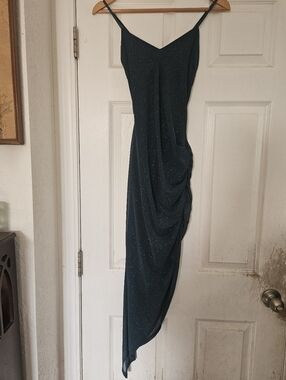 Q U.S.A. Sparkle Evening Asymmetric Slip Dress in Dark Green Small